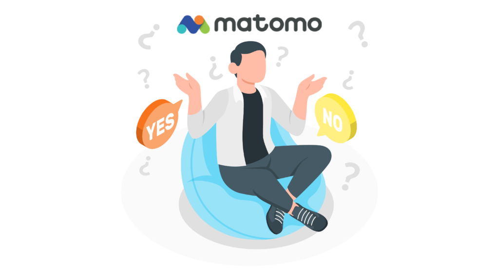 Un homme qui médite avec le logo de matomo au dessus de la tête et des bulles "oui/non" de chaque côté