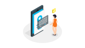 Une femme devant un écran de téléphone géant qui accepte les conditions d'utilisations