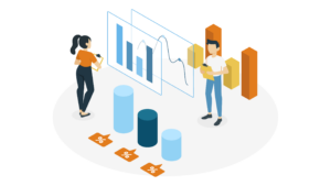 image flat représentant deux personne effectuant de l'analyse de données en observant des graphiques