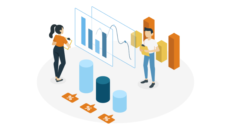image flat représentant deux personne effectuant de l'analyse de données en observant des graphiques