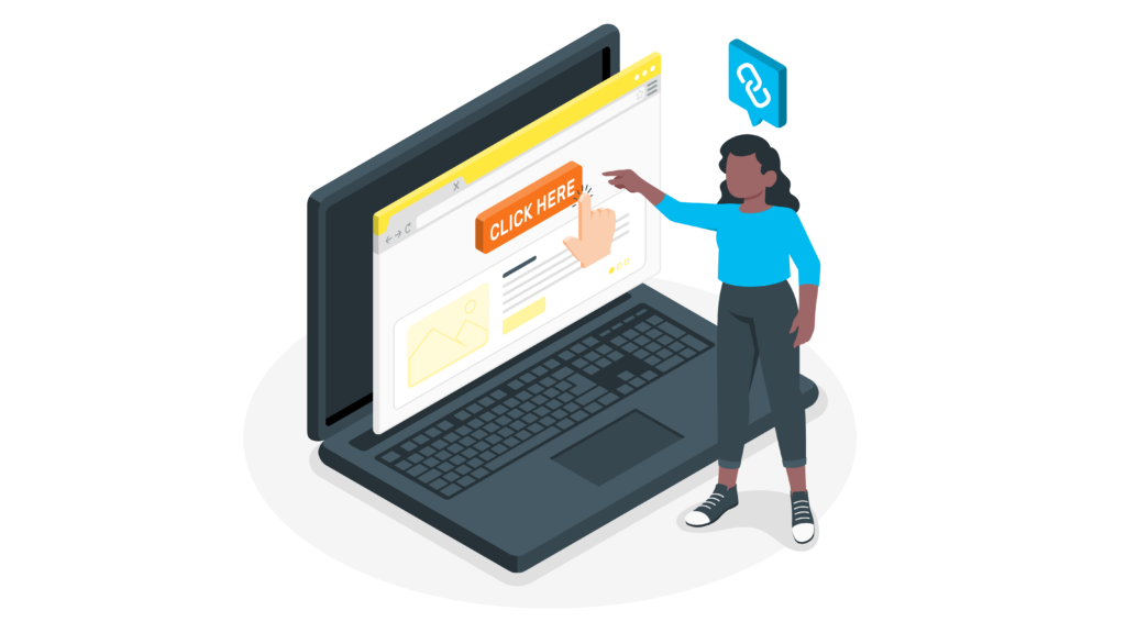 Image d'une femme cliquant sur le bouton "click here" sur un grand ordinateur
