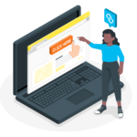 Image d'une femme cliquant sur le bouton "click here" sur un grand ordinateur