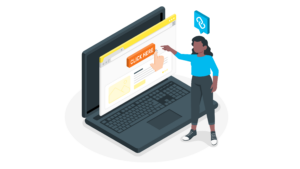 Image d'une femme cliquant sur le bouton "click here" sur un grand ordinateur